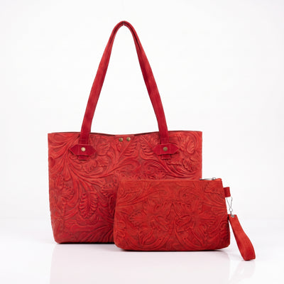 Combo Dúo Gamuza — Bolsa Tote + Cosmetiquera (Rojo / Naranja)
