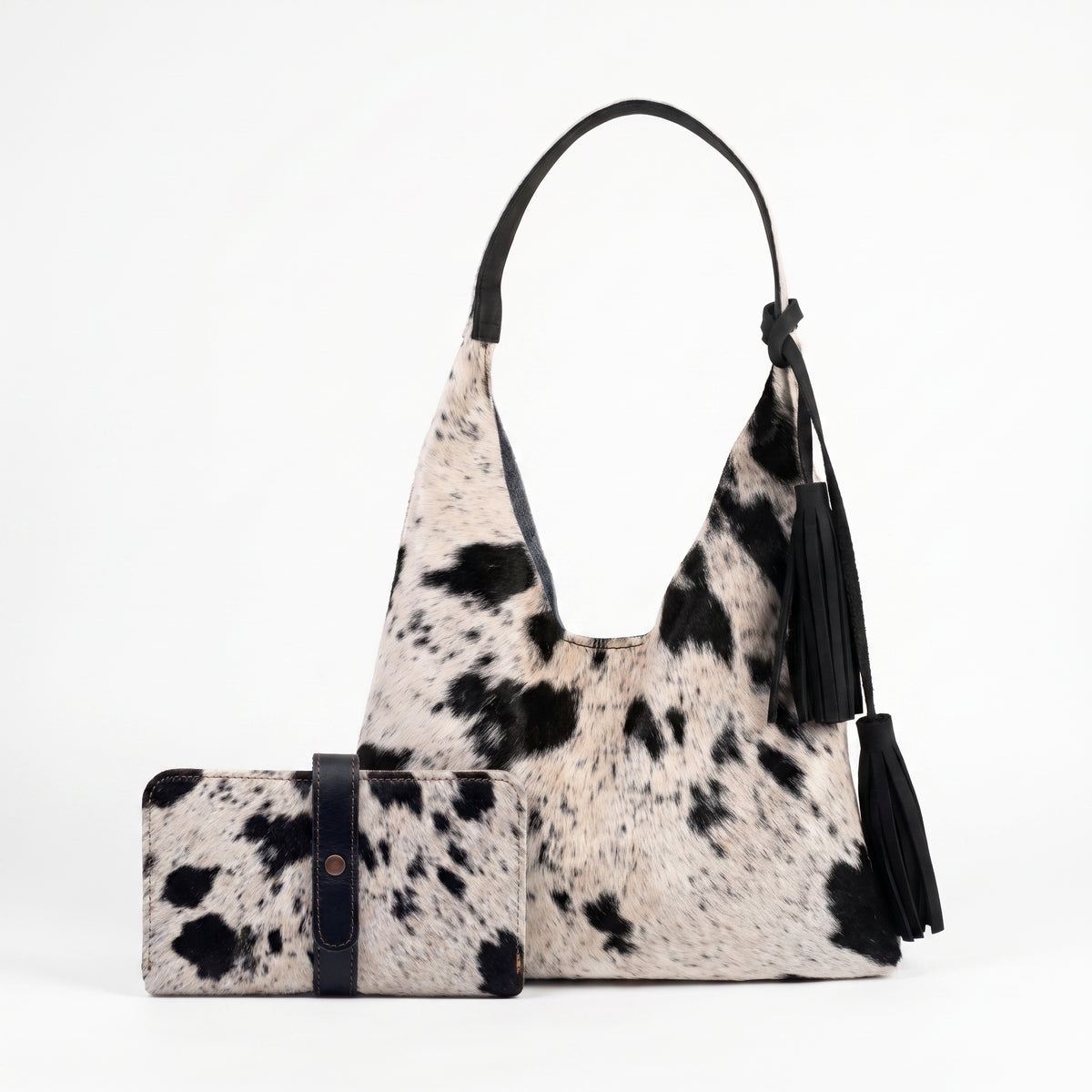 Combo Dúo Pelo de Vaca — Bolsa Hobo + Cartera Tote (Piezas Únicas)