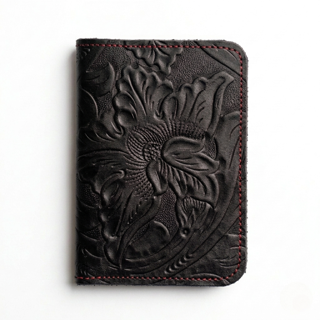 Portapasaporte de piel con grabado floral, color Negro — INALIA Leather