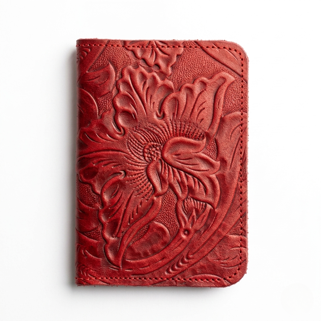 Portapasaporte de piel con grabado floral, color Rojo — INALIA Leather