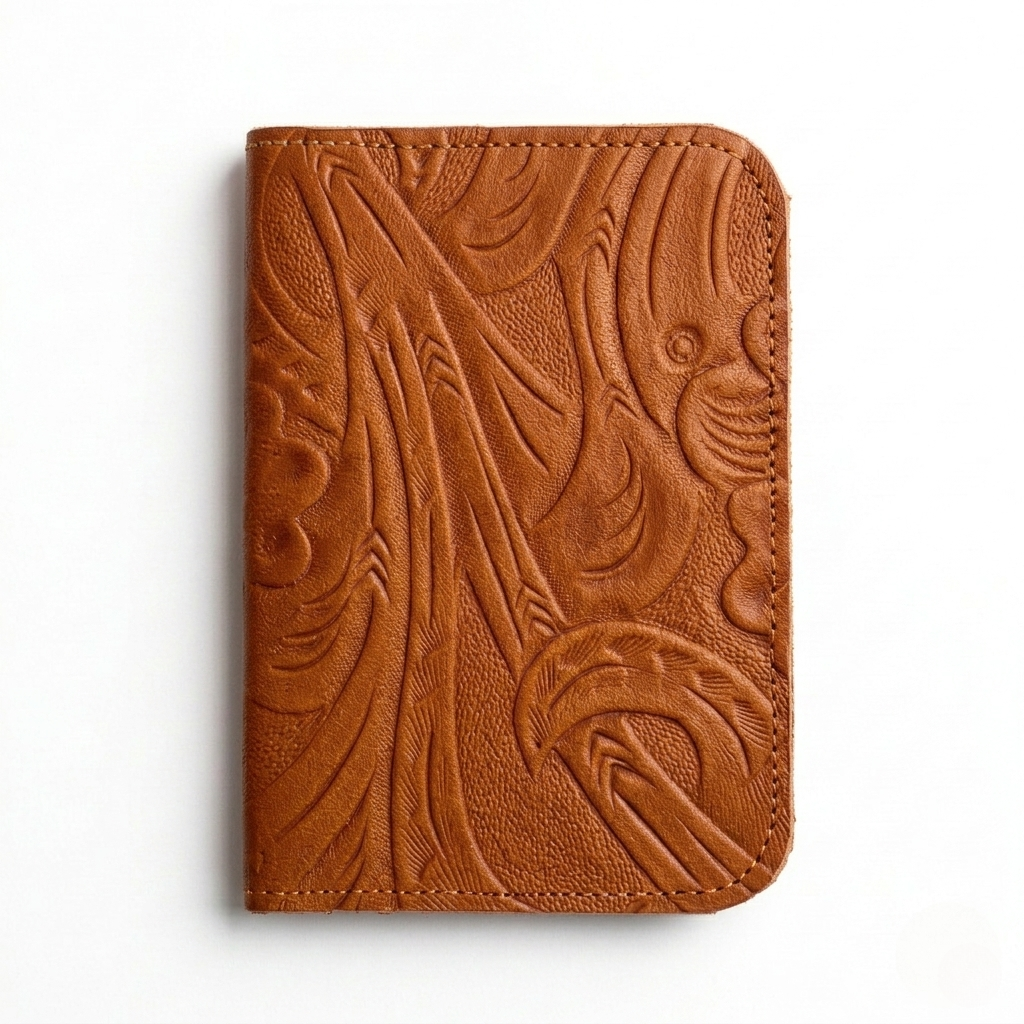 Portapasaporte de piel con grabado floral, color Miel — INALIA Leather
