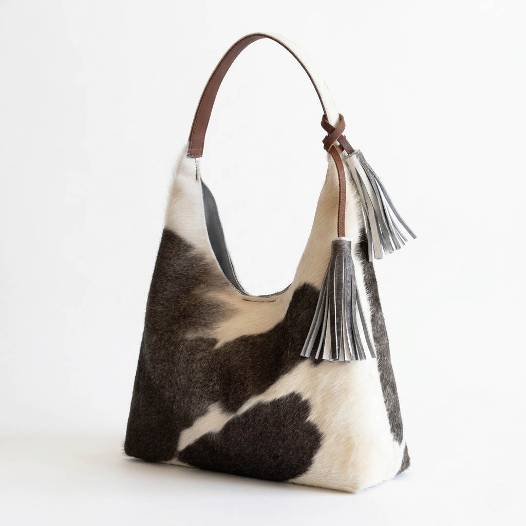 Bolsa Hobo de pelo de vaca color Café y Blanco, hecha a mano en León — INALIA Leather