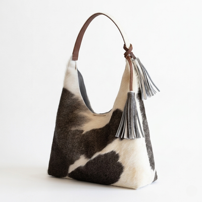 Bolsa Hobo de pelo de vaca color Café y Blanco, hecha a mano en León — INALIA Leather