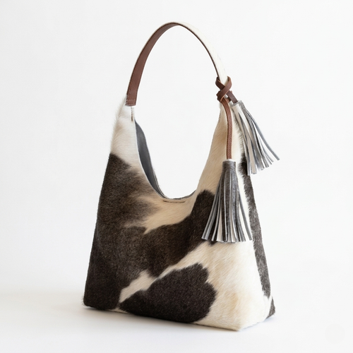 Bolsa Hobo de pelo de vaca color Café y Blanco, hecha a mano en León — INALIA Leather