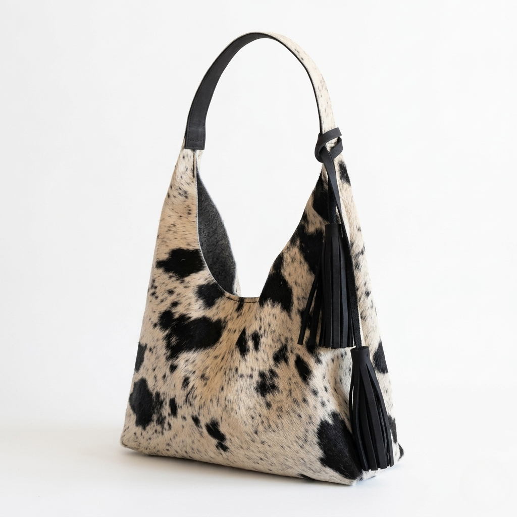 Bolsa Hobo de pelo de vaca color Negro y Blanco, hecha a mano en León — INALIA Leather
