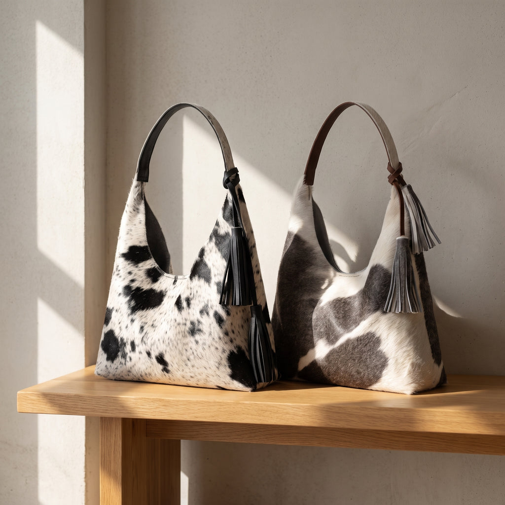 Bolsa Hobo de pelo de vaca bajo luz natural — INALIA Leather
