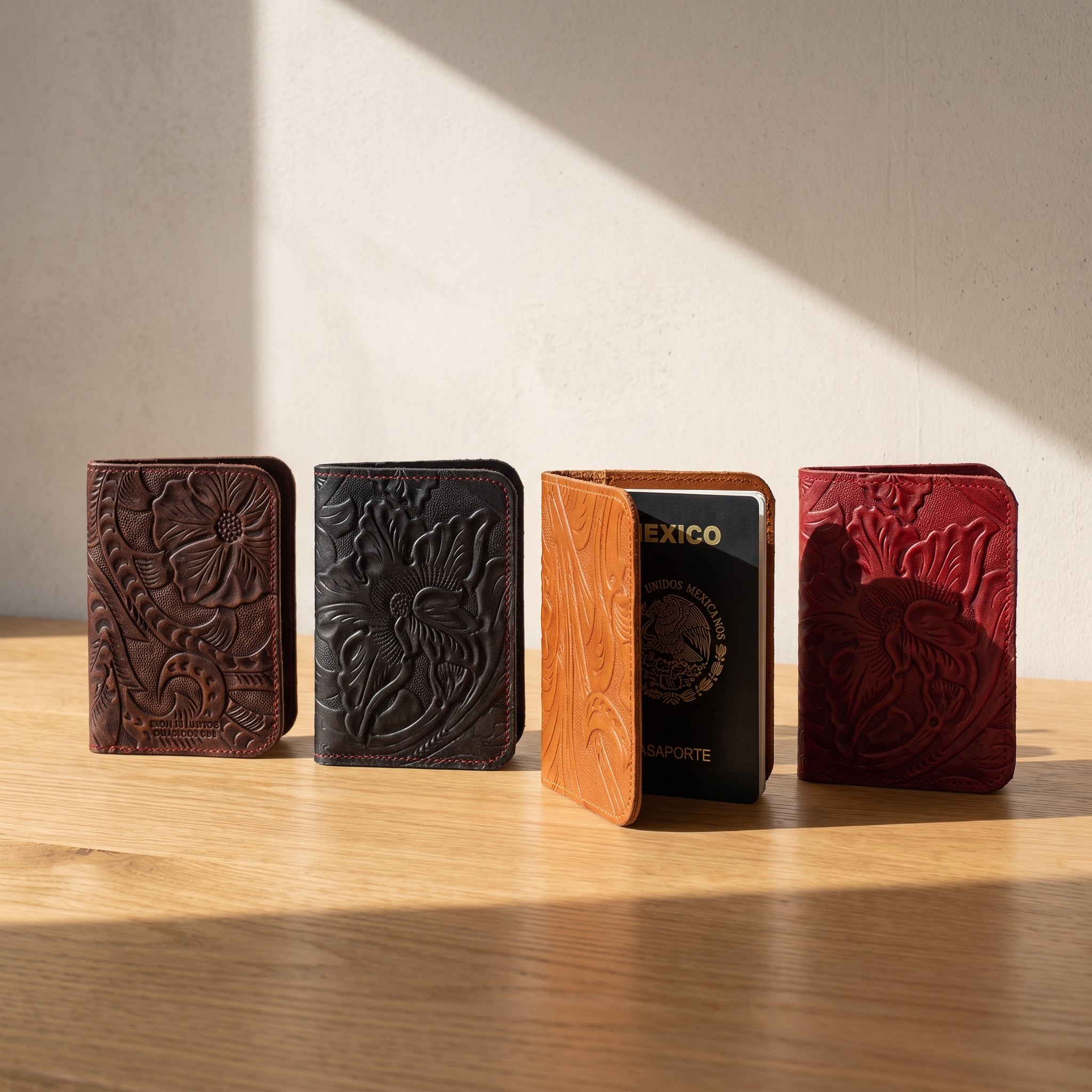 Portapasaportes de piel sobre superficie de madera — INALIA Leather