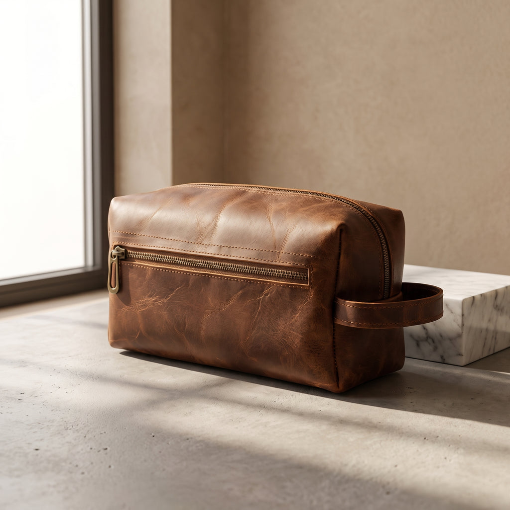 Neceser de Piel Pull-Up Color Miel – Dopp Kit Hecho a Mano