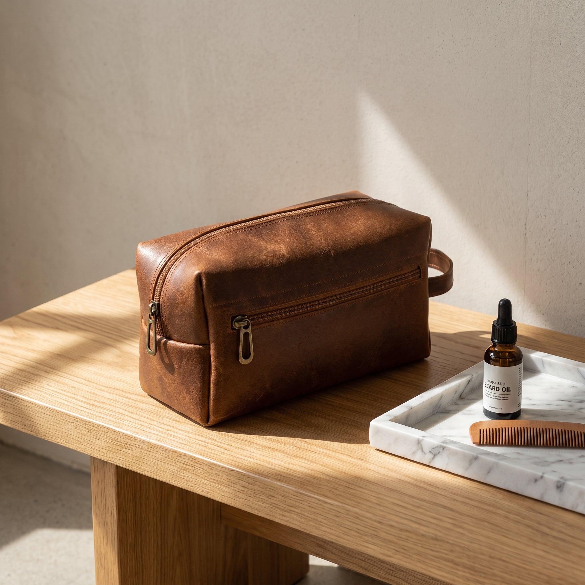Neceser de Piel Pull-Up Color Miel – Dopp Kit Hecho a Mano
