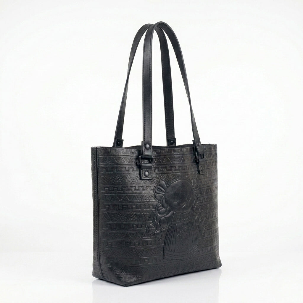 Bolsa Tote de Piel PullUp color Negro, hecha a mano en León — INALIA Leather