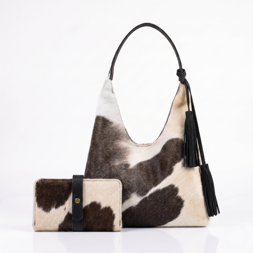 Combo Dúo Pelo de Vaca — Bolsa Hobo + Cartera Tote (Piezas Únicas)