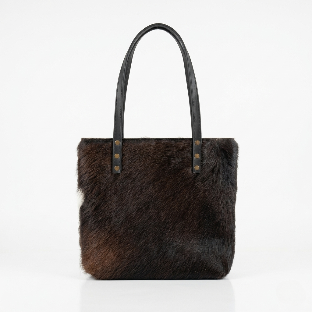 Bolsa Tote de pelo de vaca color Café y Blanco, pieza única, vista frontal