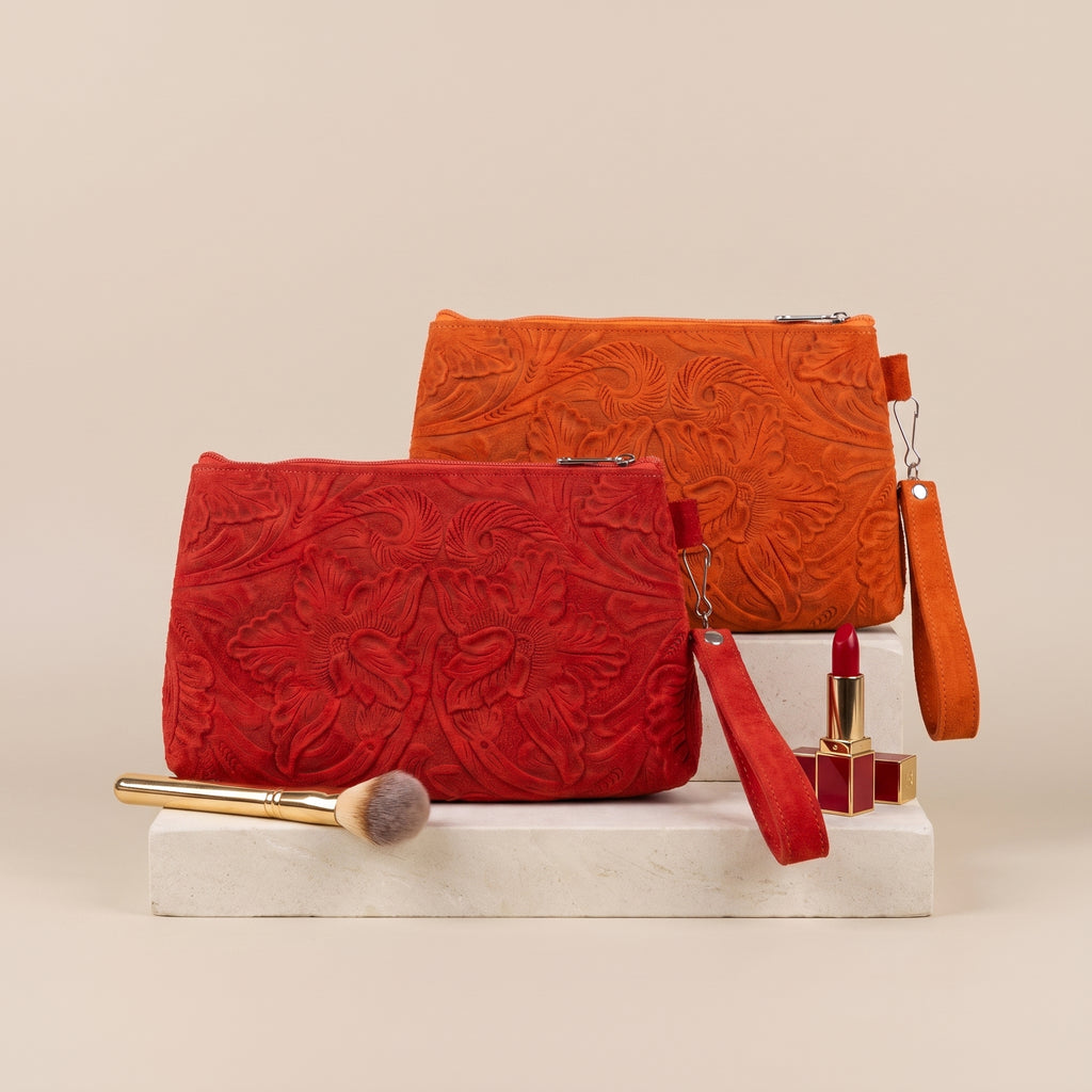 Combo Dúo Gamuza — Bolsa Tote + Cosmetiquera (Rojo / Naranja)