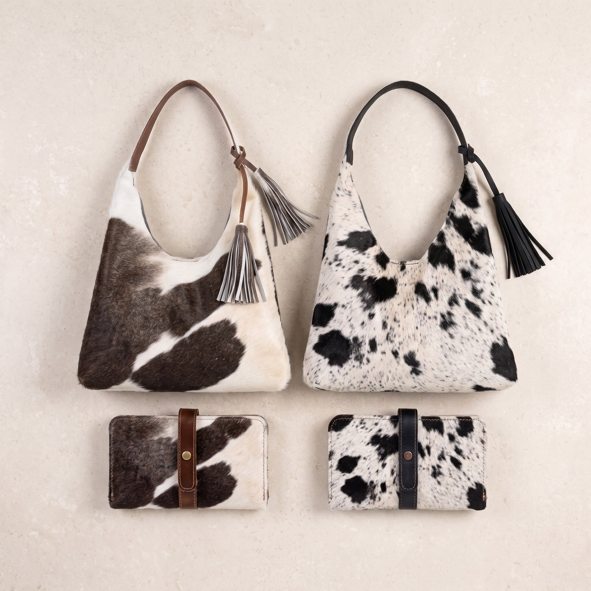 Combo Dúo Pelo de Vaca — Bolsa Hobo + Cartera Tote (Piezas Únicas)
