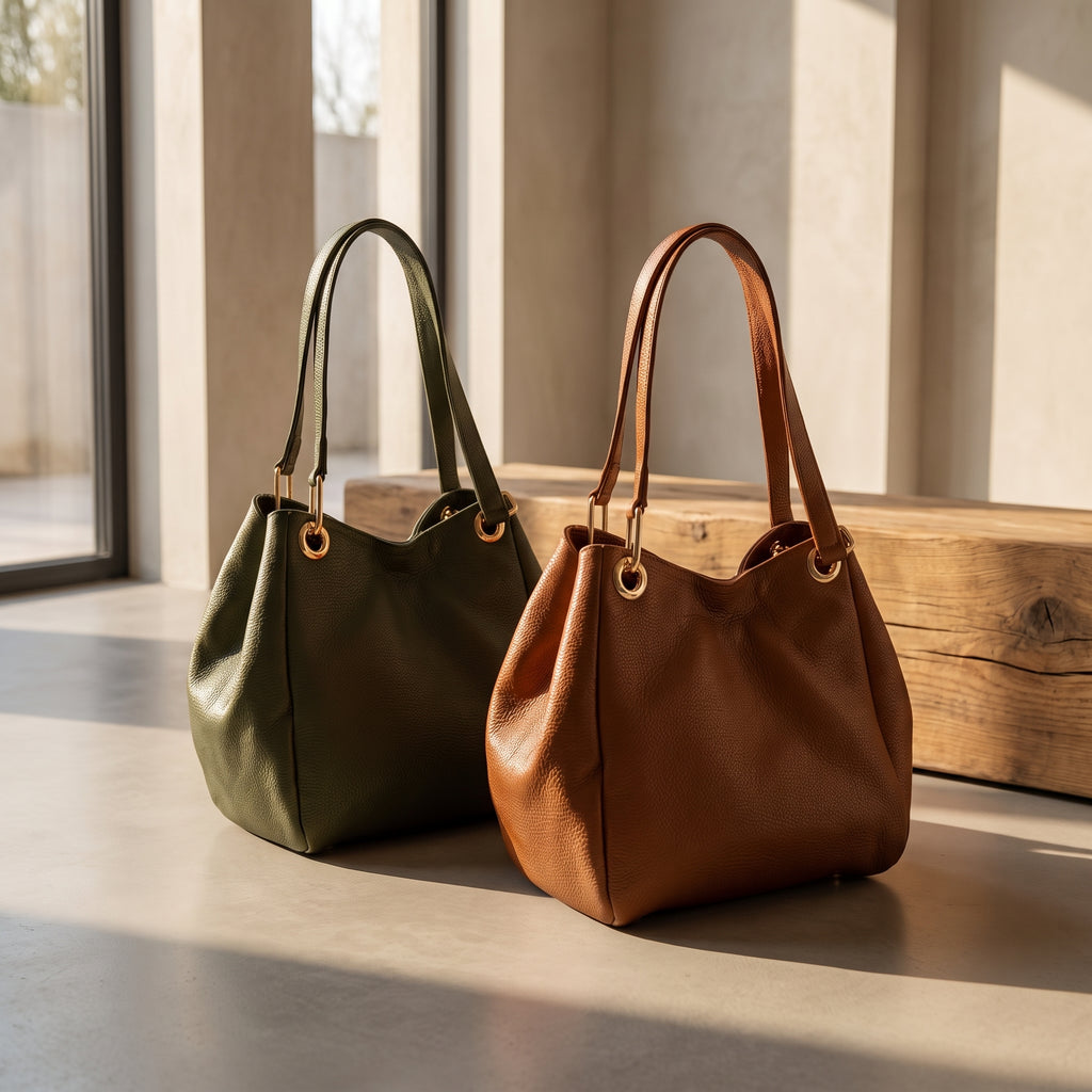 Bolsas Serena de piel Floater en Verde Olivo y Café, edición Tonos Tierra