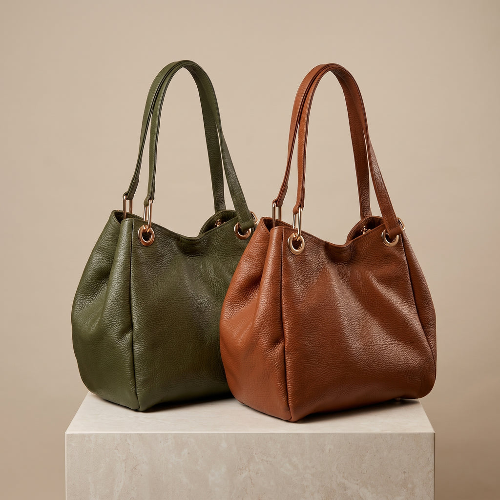 Bolsas Serena de piel Floater en Verde Olivo y Café, edición Tonos Tierra