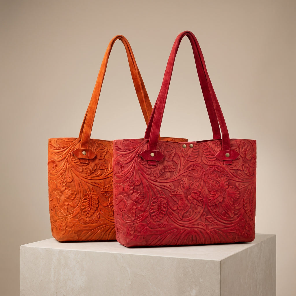 Combo Dúo Gamuza — Bolsa Tote + Cosmetiquera (Rojo / Naranja)