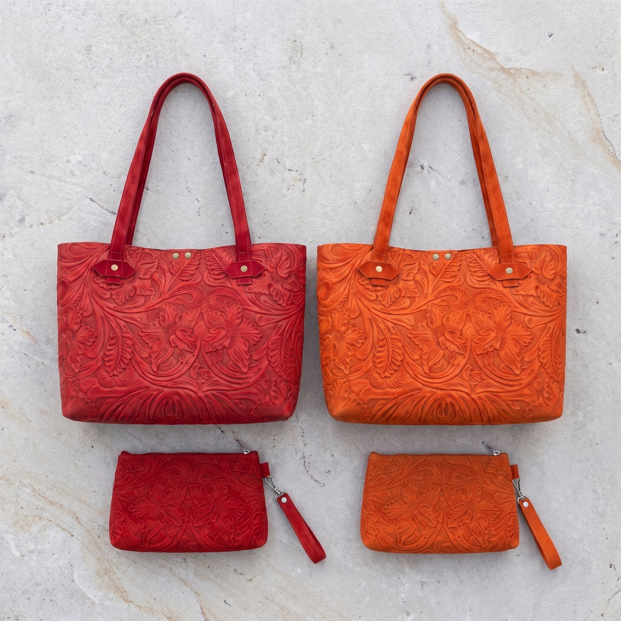 Combo Dúo Gamuza — Bolsa Tote + Cosmetiquera (Rojo / Naranja)