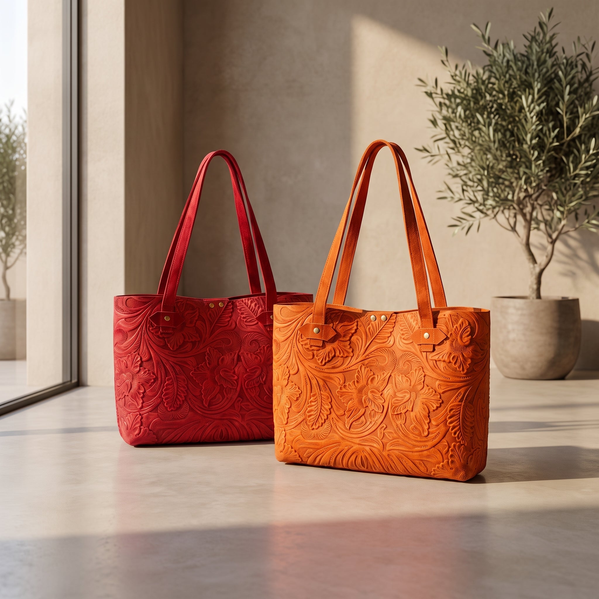 Bolsa Tote de Piel Gamuza — Grabado Floral – Tonos Vibrantes