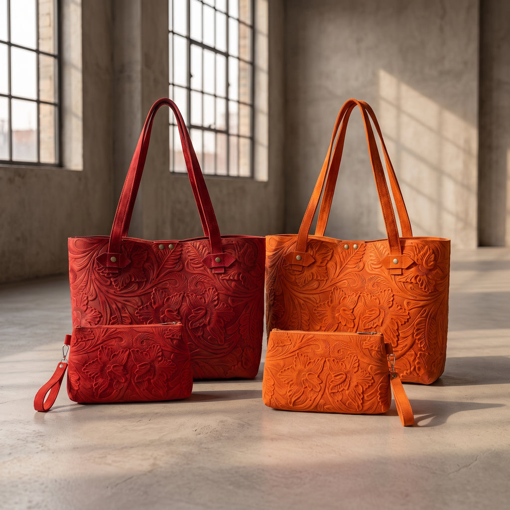 Combo Dúo Gamuza — Bolsa Tote + Cosmetiquera (Rojo / Naranja)
